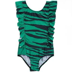 Mini Rodini Girls Tiger Ruffled One-Piece Swimsuit, Green - Size 6/7Y